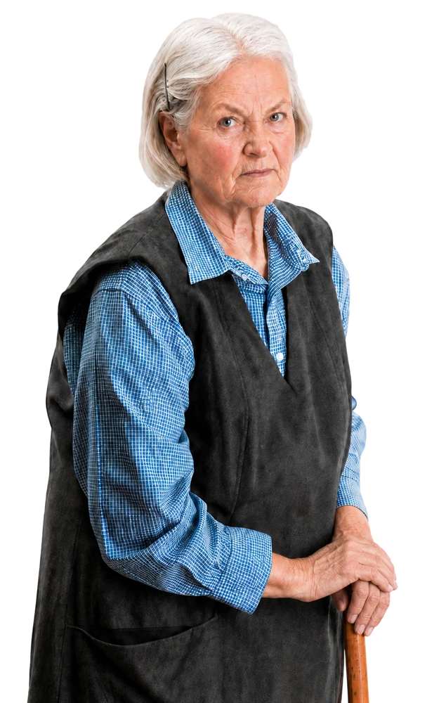 Grandma, one of the arena heroes, leaning on a cane.