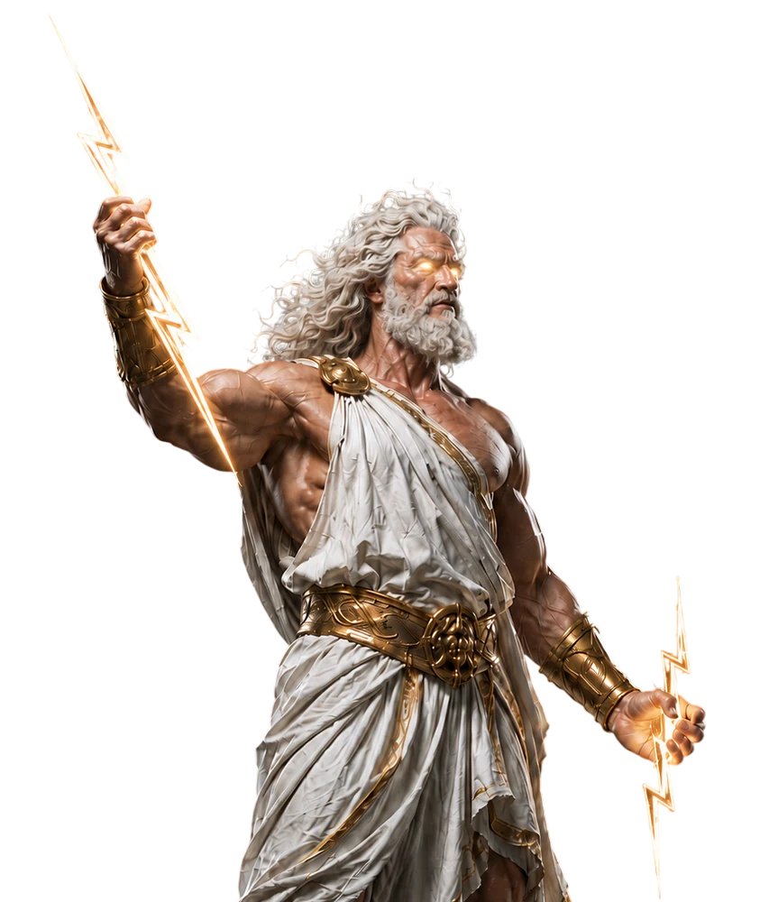 Zeus raising a lightning bolt.