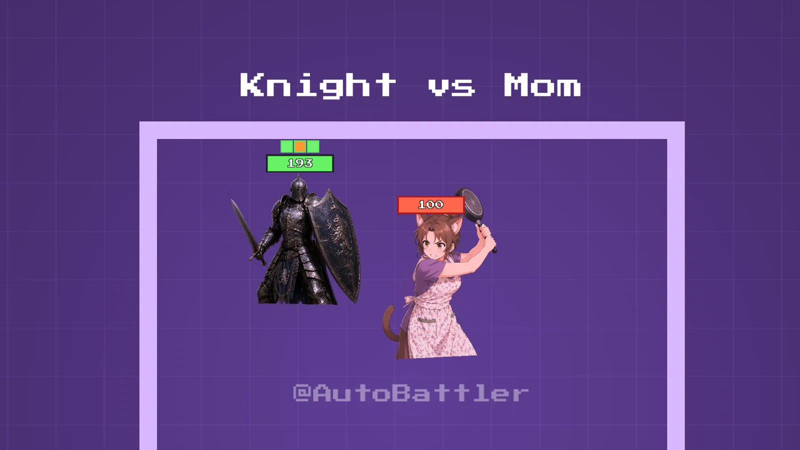 A fight in progress between a knight and a hero with a frying pan, health bars above them.
