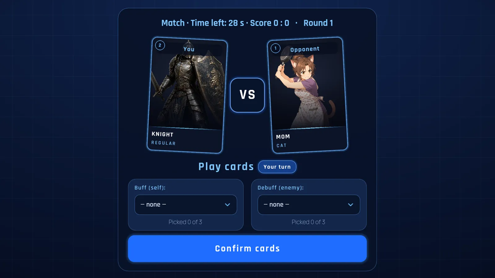 Card screen with your knight against the opponent's hero and two card pickers.