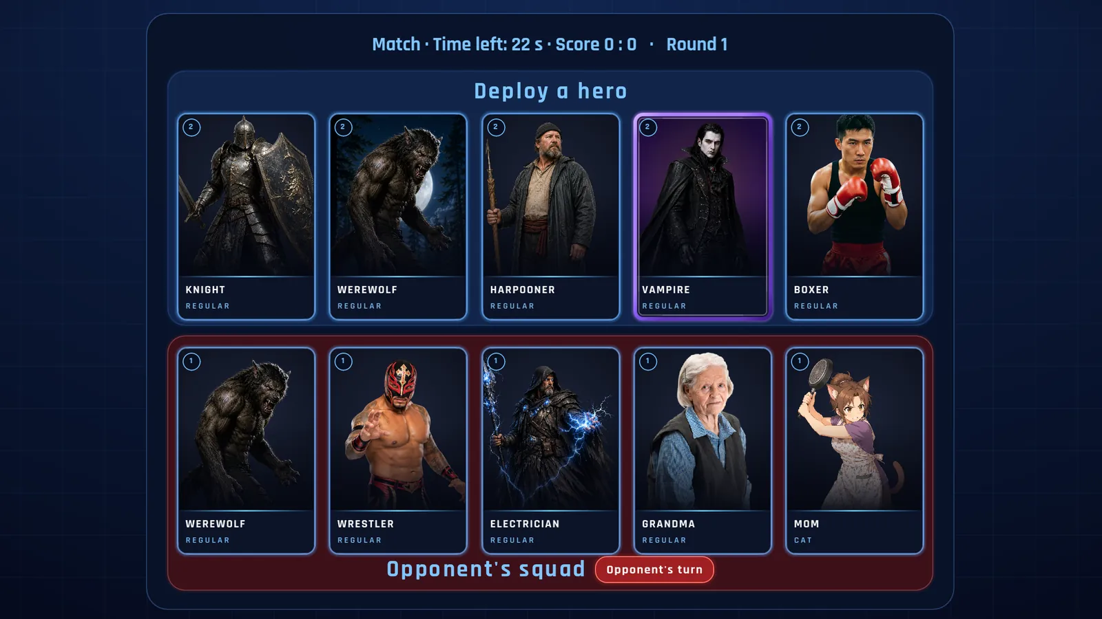 Deploy screen showing your five heroes above the opponent's five.